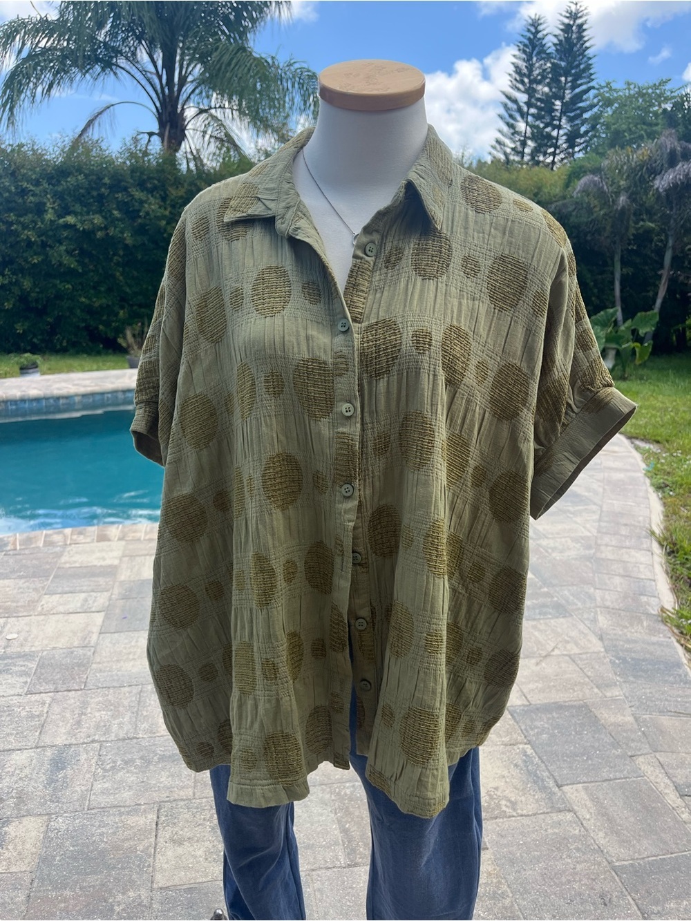 Umgee Olive Green Textured Polka Dot Oversized Button Up Top S - Picture 5 of 8